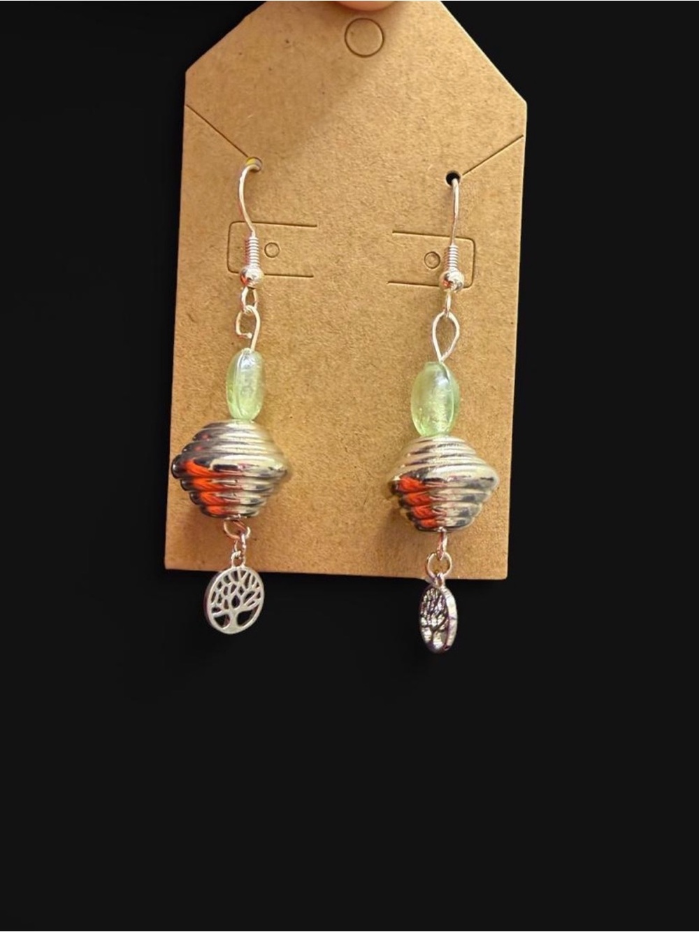 Silver Dangle Earrings with Light Green Beads and Tree Charm